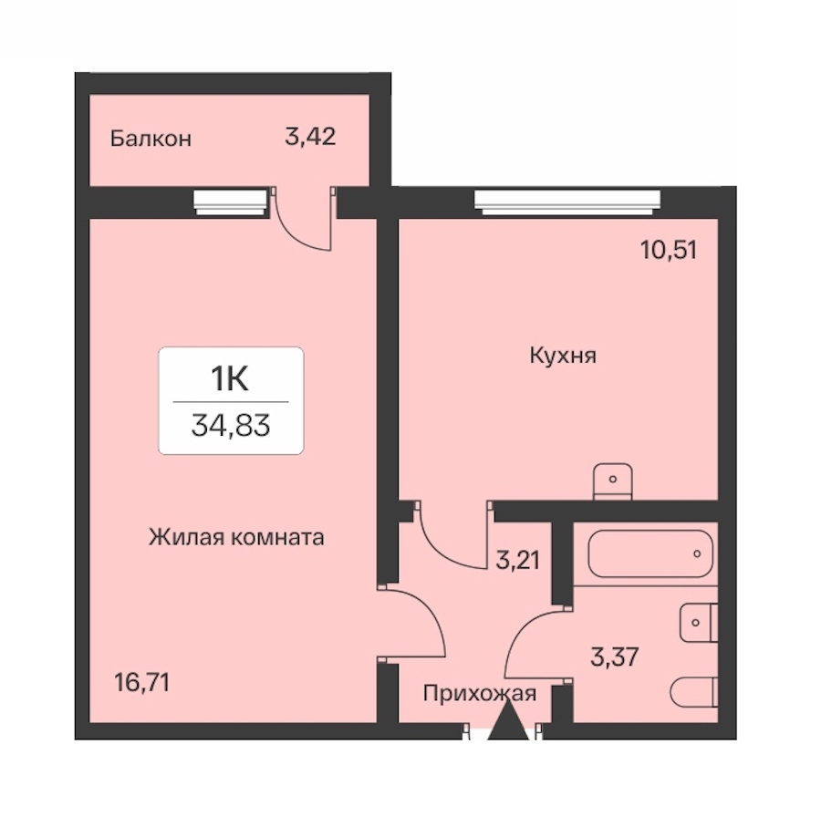 1-комнатная квартира 34.83 м², 9/9 эт., ЖК «Расцветай в Янино»